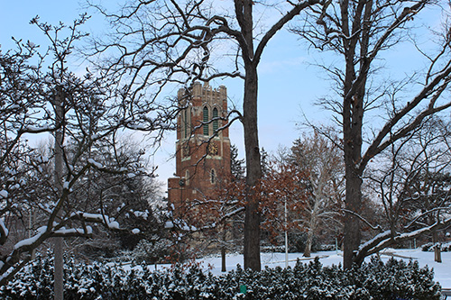 This is a photo of Beaumont Tower in the winter.