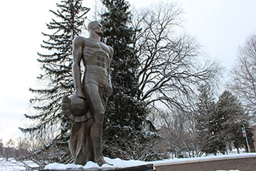This is a photo of Sparty in the winter.